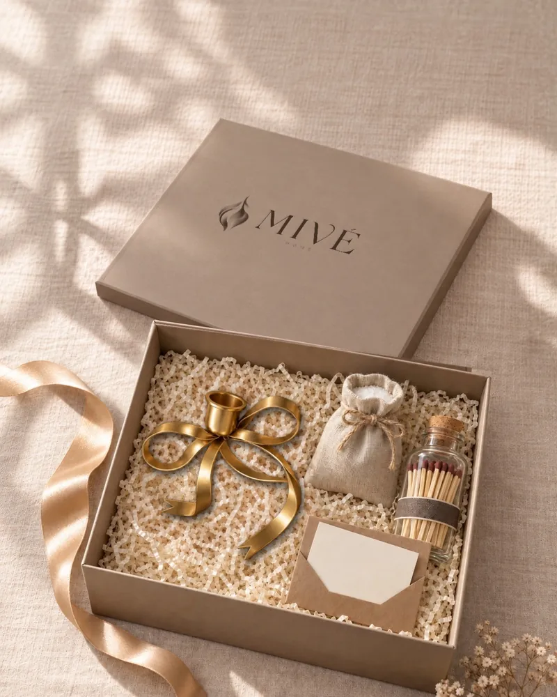 A Mivé Home gift box with a gold candle piece inside