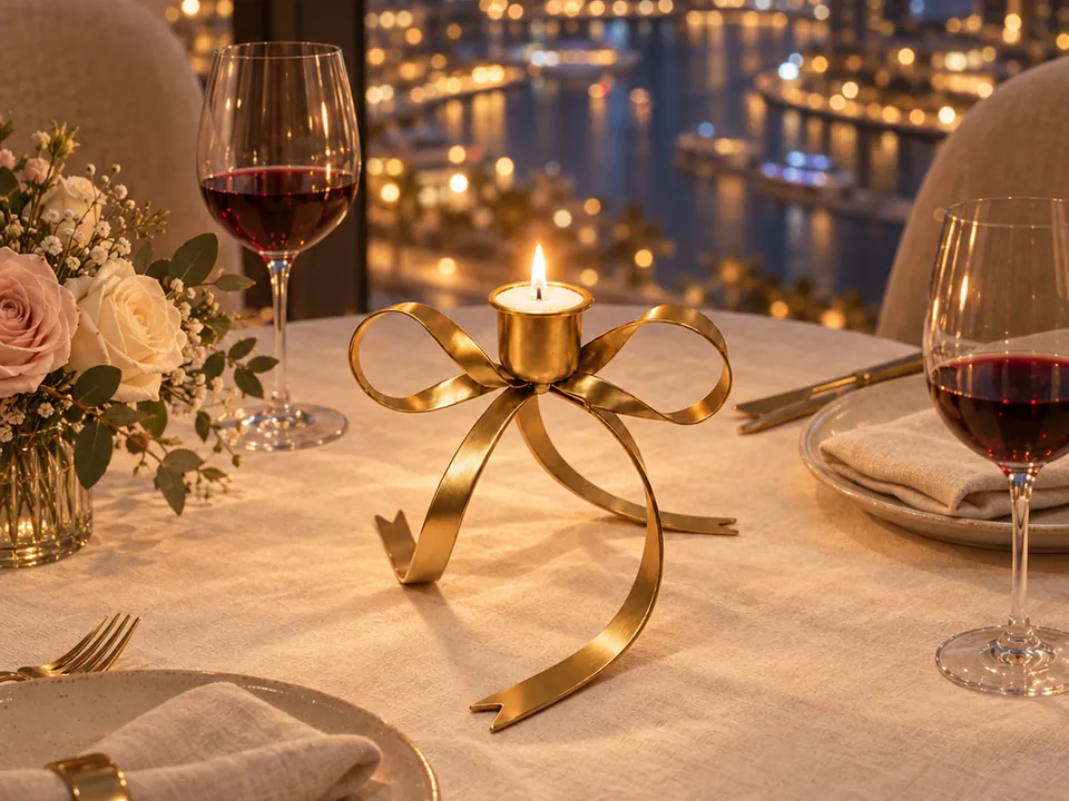 A gold bow candle stand lit on a dinner table overlooking the Dubai skyline