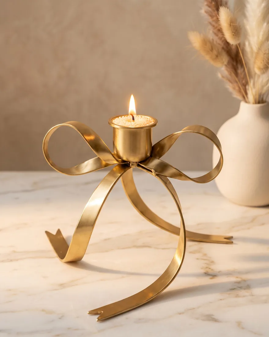 The Gold Bow Stand: a gold ribbon-bow candle stand holding a lit sand-wax candle, on a marble console with dried pampas grass