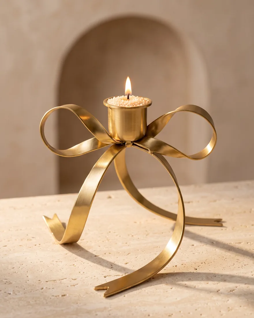 The Gold Bow Stand seen from a low angle, its curling ribbon ends resting on a stone surface