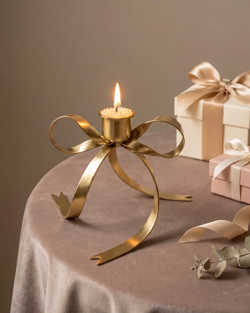 The Gold Bow Stand as a gift, beside ribbon-tied boxes and dried eucalyptus