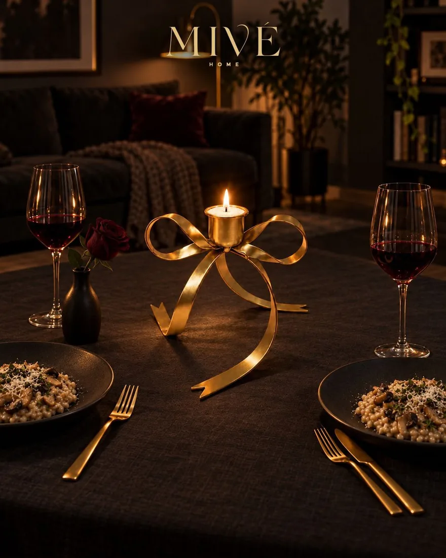 The Gold Bow Stand lit on a dinner table