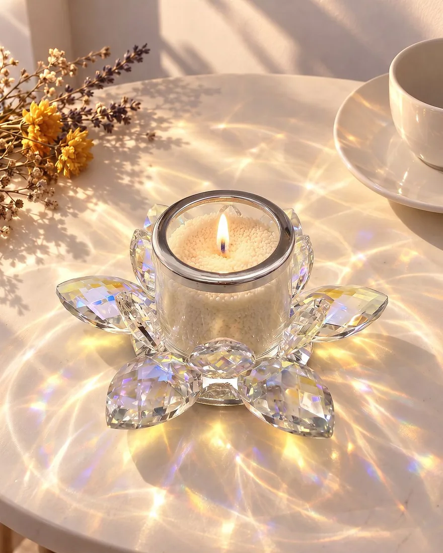 The crystal lotus candle holder seen from the front, its sand wax candle lit