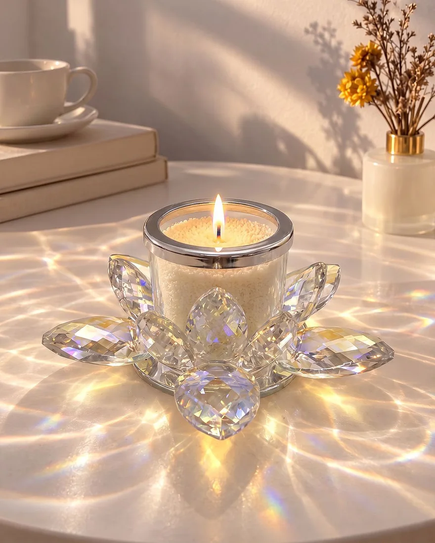 A crystal lotus candle holder with a glass votive of ivory sand wax, lit, on a white table in soft sunlight