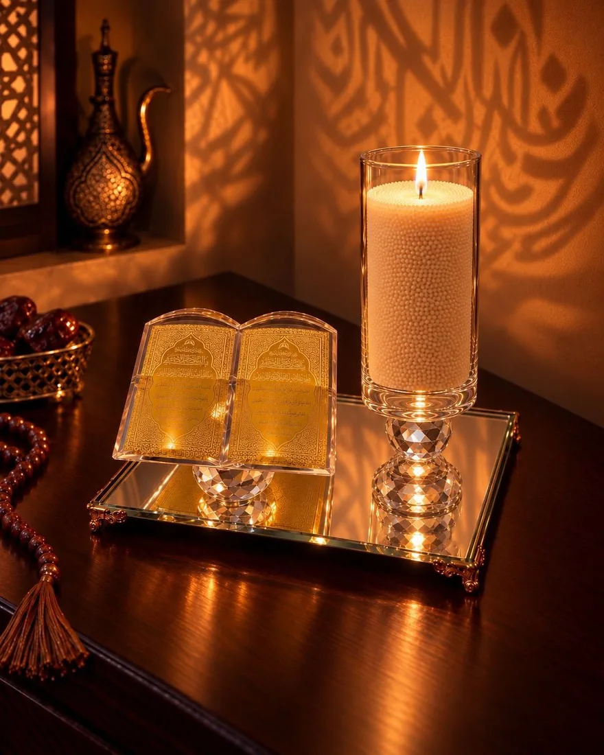 The Mirror Tray gift set: a crystal open-book piece with gold pages and a lit sand-wax candle in a glass hurricane on a gold-footed mirror tray