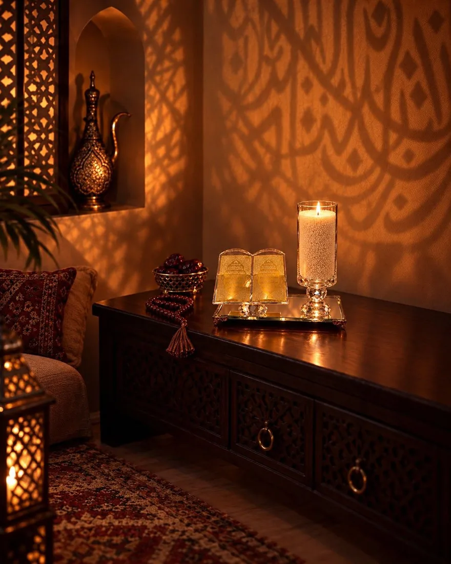 The Mirror Tray gift set styled in a warm corner with lanterns and cushions