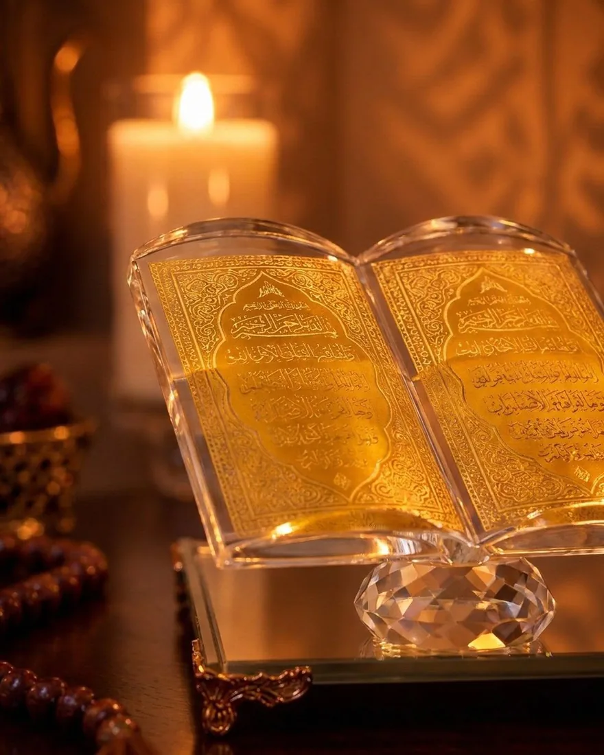 Close-up of the crystal open-book piece with gilded pages