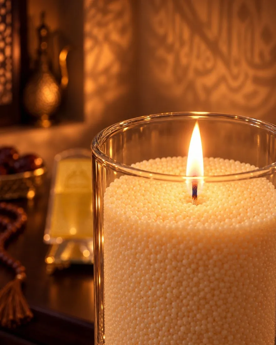 Close-up of the sand-wax candle glowing inside its glass hurricane