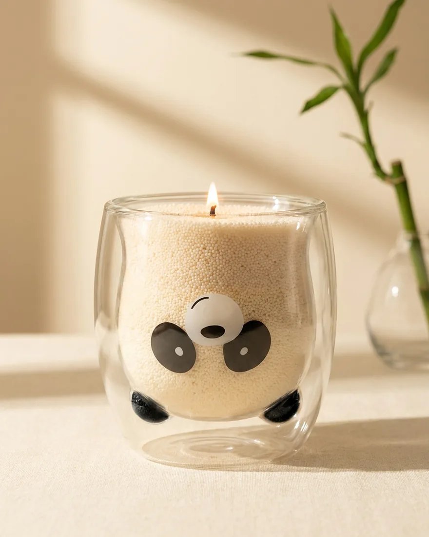 The Panda Glass Candle: a double-wall glass with a panda face, filled with ivory sand wax and lit, beside a sprig of bamboo