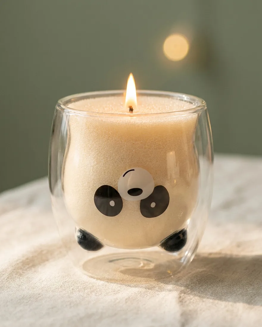 The Panda Glass Candle lit on soft linen, the panda face and black ears showing through the glass