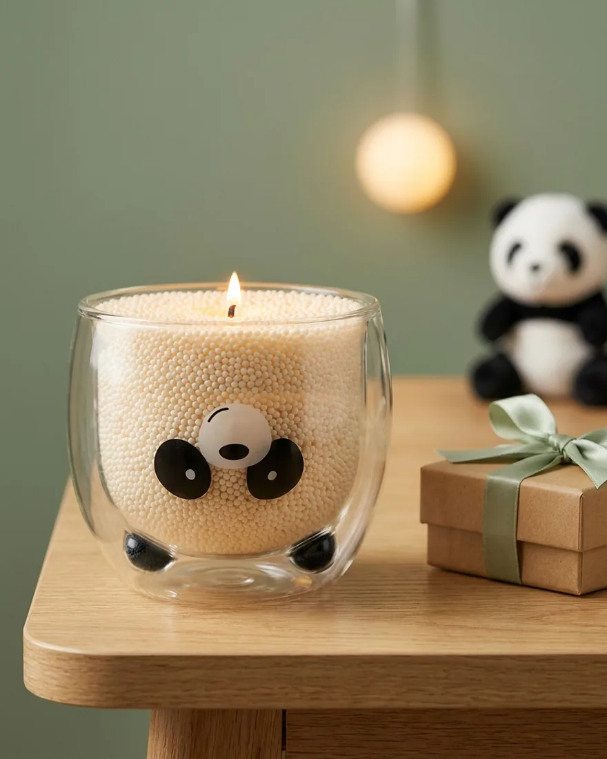 The Panda Glass Candle lit on a wooden table, next to a gift box and a small panda toy